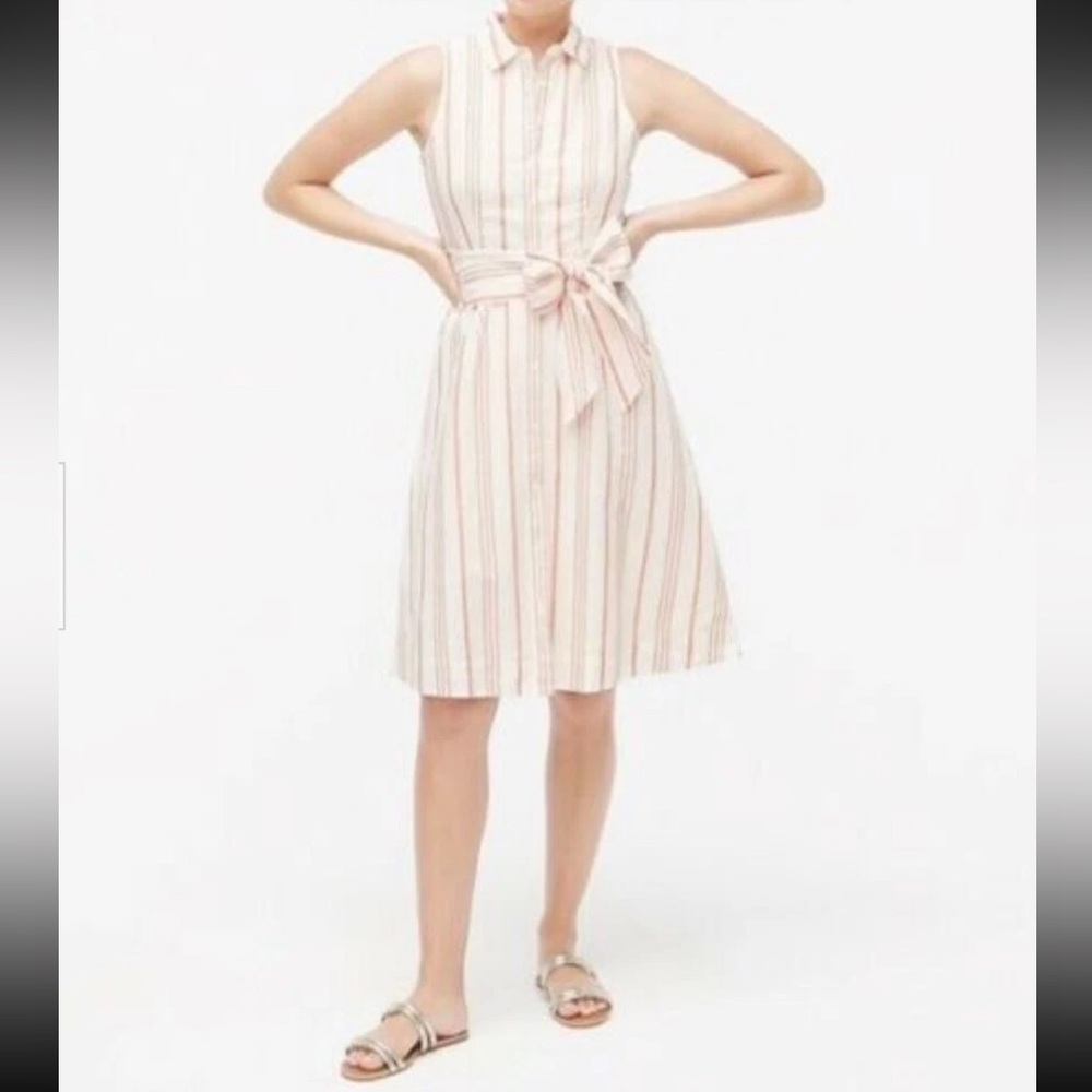 J. Crew Linen Cotton Red and White Striped Sleeveless Midi Shirt Dress 6 NWT